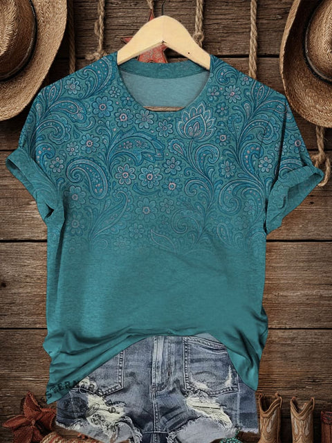 Retro Flower Art Print Casual T-shirt