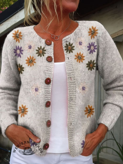 Flower Print Buttoned Cardigan Sweater