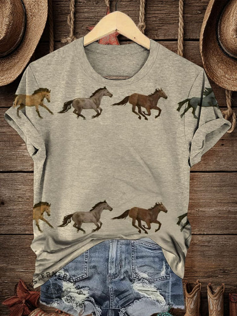 Retro Horse Art Print Casual T-shirt
