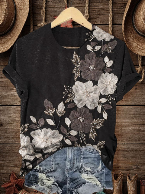 Retro Flower Art Print Casual T-shirt