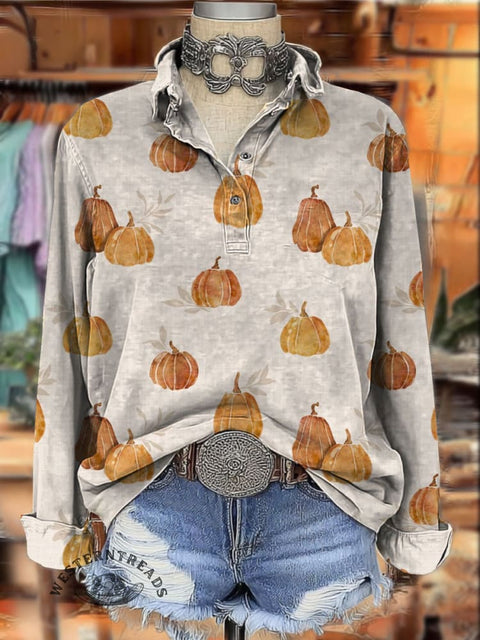 Halloween Pumpkin Print Women's Print Casual Cotton Shirt