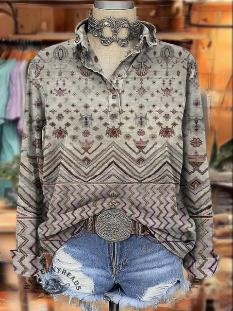 Western Style Print Women's Print Casual Cotton Shirt