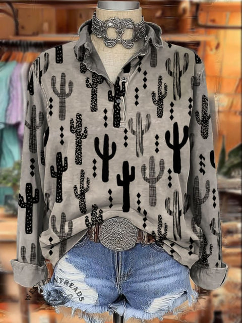 Western Style Cactus Print Women's Print Casual Cotton Shirt