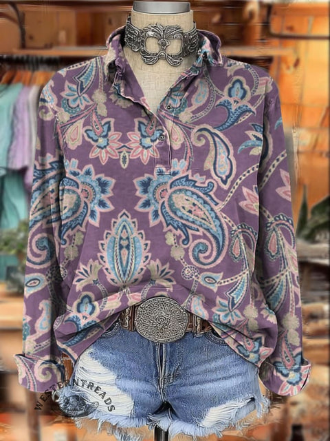 Western Style Print Women's Print Casual Cotton Shirt