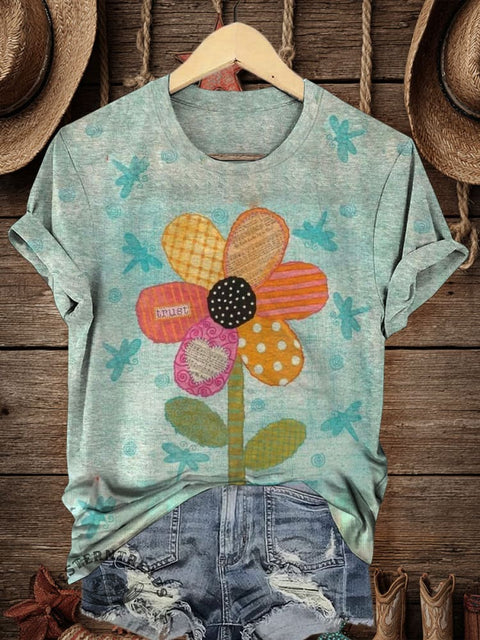 Retro Flower Art Print Casual T-shirt
