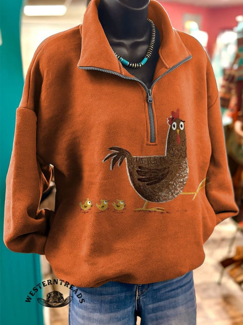 Farm Art Print Casual Long Sleeve Zip Sweatshirt