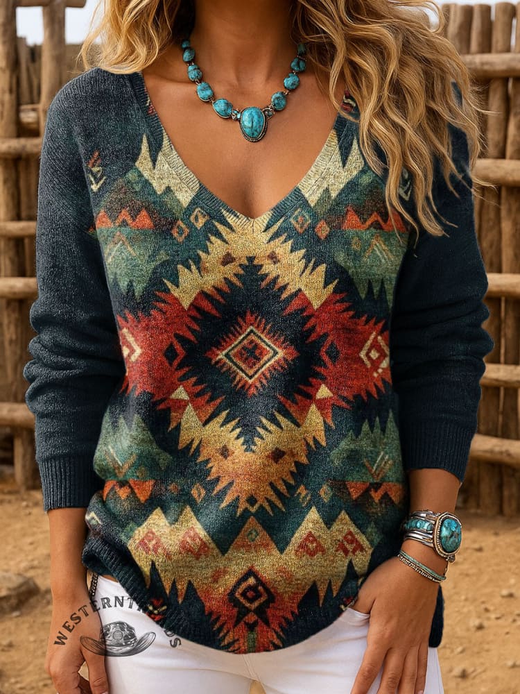 Women's Vintage Art Print Casual Pullover Sweater