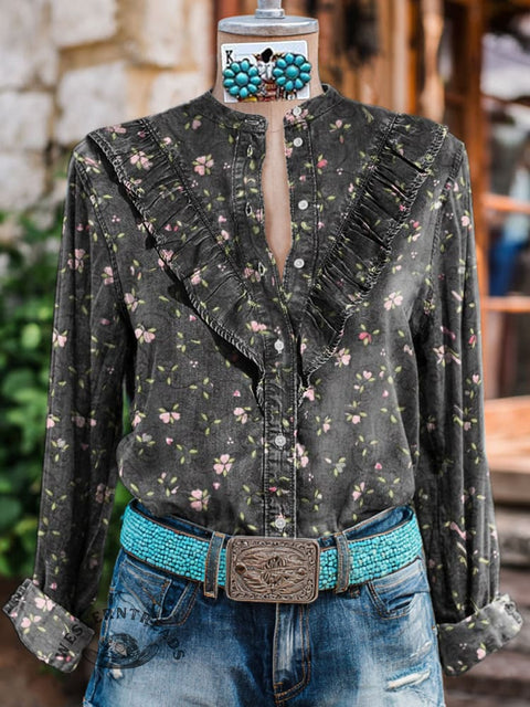 Women's Floral Print Casual Cotton And Linen Shirt