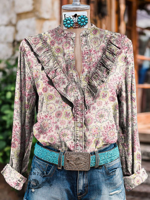Women's Floral Print Casual Cotton And Linen Shirt