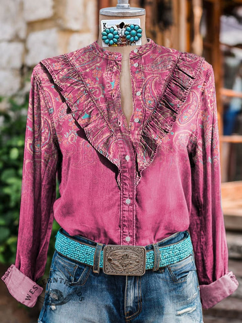 Women's Paisley Print Casual Cotton And Linen Shirt