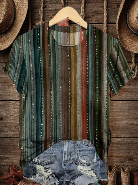 Retro Colorful Stripes Art Print Casual T-shirt
