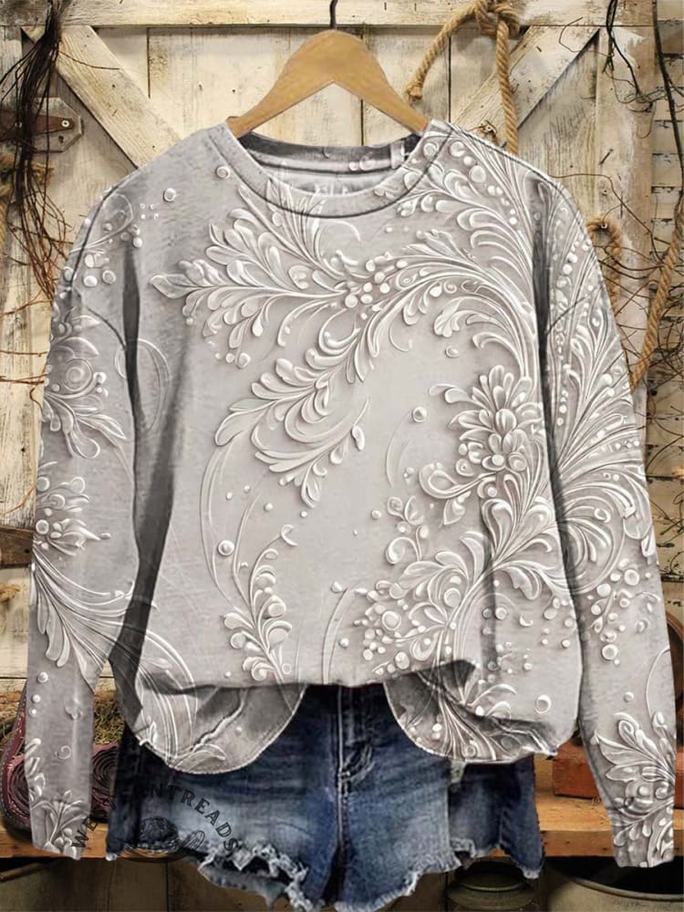 Vintage Classic Simple Flower Art Print Casual Cotton Sweatshirt