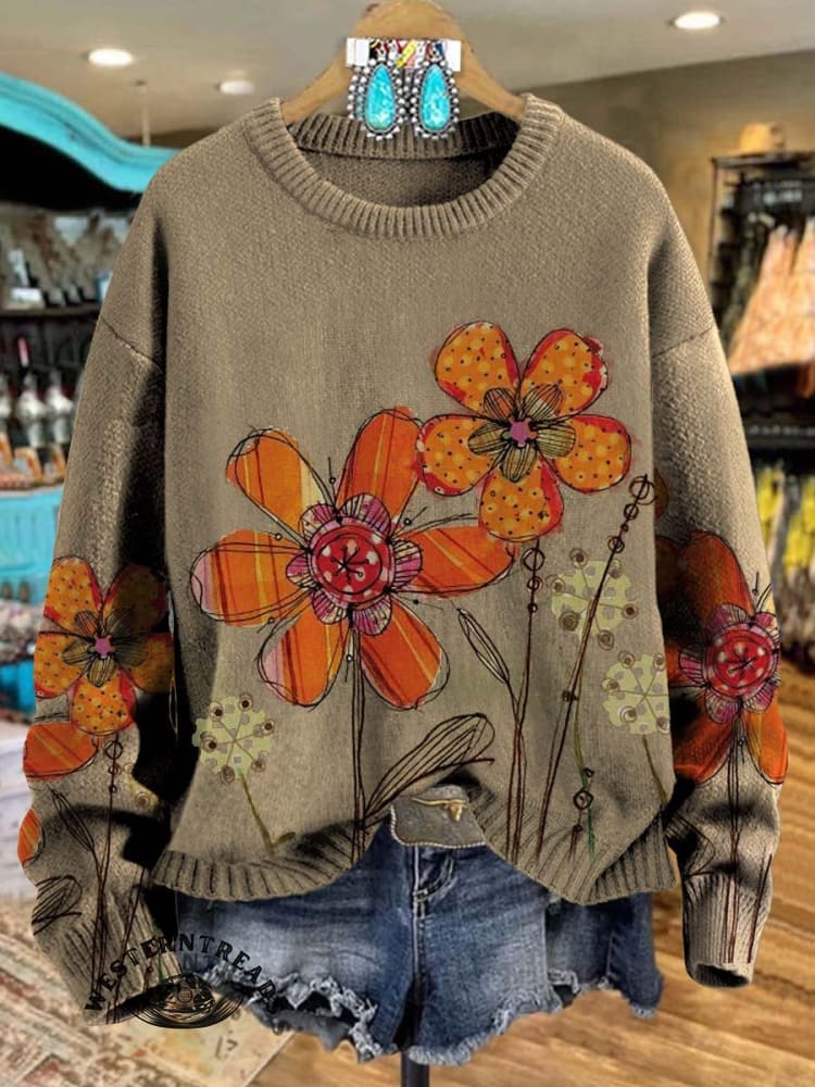 Vintage Classic Simple Flower Art Print Casual Cotton Sweatshirt