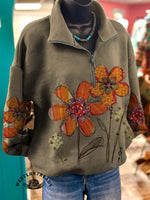 Vintage Classic Simple Flower Art Print Casual Cotton Sweatshirt