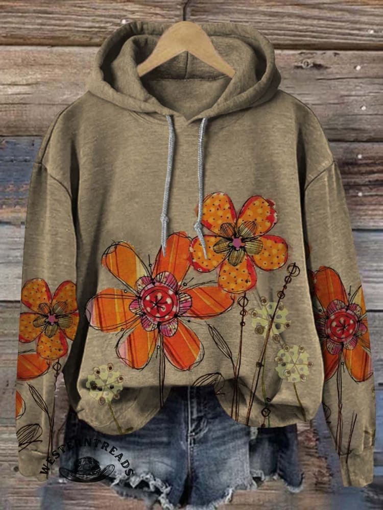 Vintage Classic Simple Flower Art Print Casual Cotton Sweatshirt