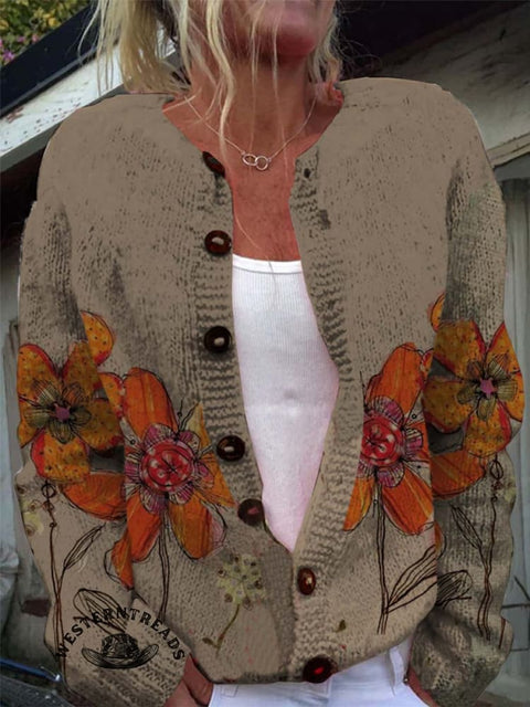 Hydrangea Flower Print Buttoned Cardigan Sweater