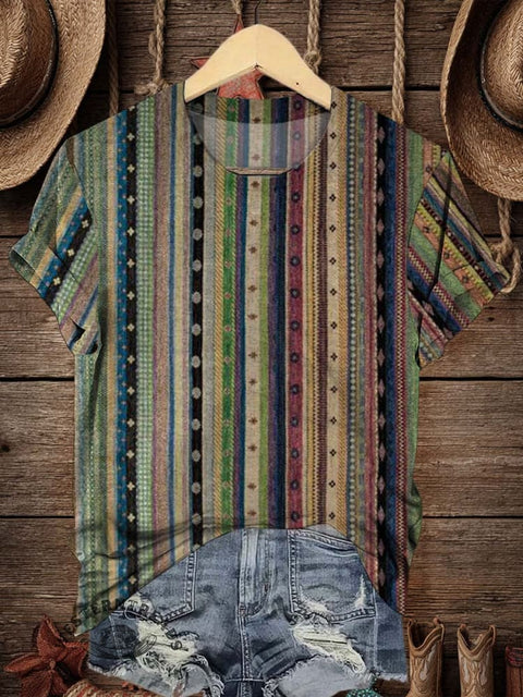 Retro Stripe Art Print Casual T-shirt