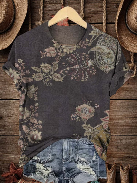 Retro Flower Art Print Casual T-shirt