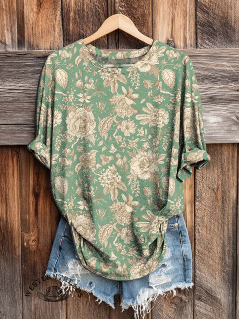 Retro Floral Art Print Casual Long Sleeve T-shirt