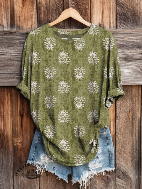 Retro Floral Art Print Casual Long Sleeve T-shirt