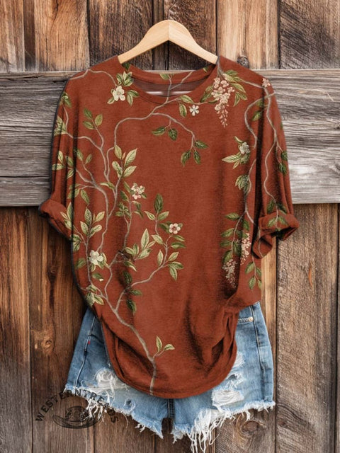 Retro Floral Art Print Casual Long Sleeve T-shirt