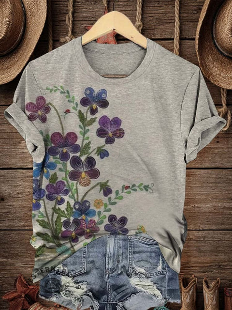 Retro Flower Art Print Casual T-shirt