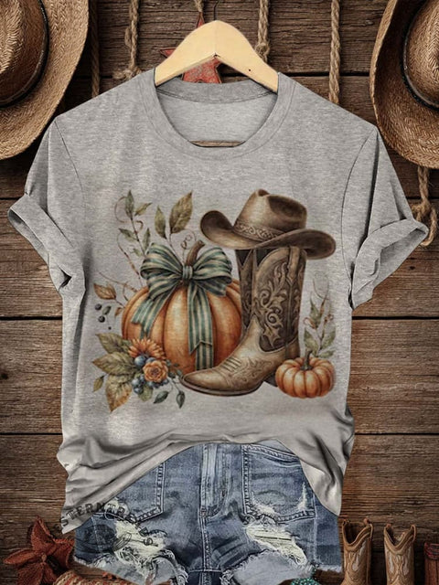 Retro Fall Pumpkin Art Print Casual T-shirt
