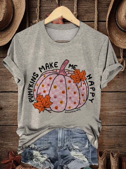 Retro Fall Pumpkin Art Print Casual T-shirt