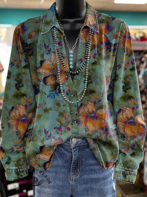 Women's Retro Flowers Print Casual Cotton Shirt