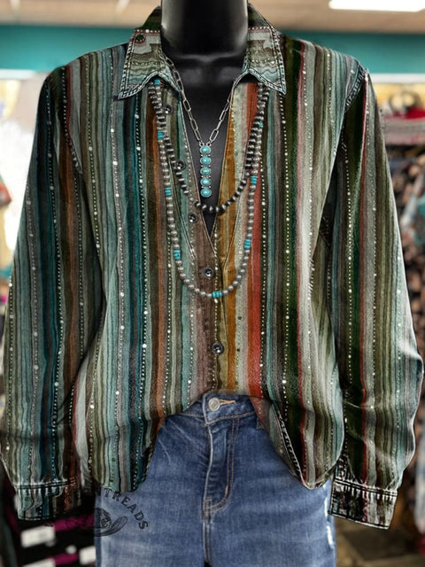 Women's Retro Stripe Print Casual Cotton Shirt