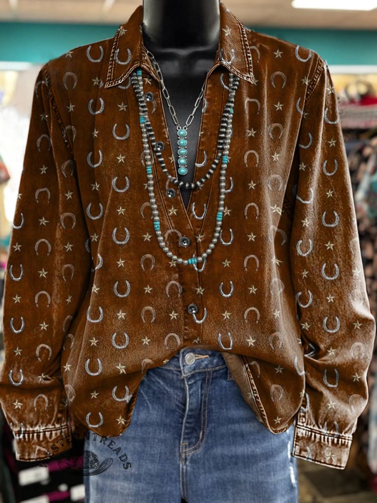 Women's Retro Horse Print Casual Cotton Shirt