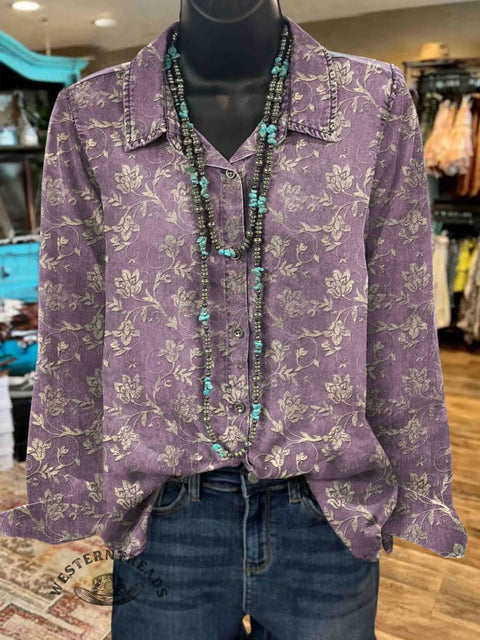 Women's Retro Flowers Print Casual Cotton Shirt