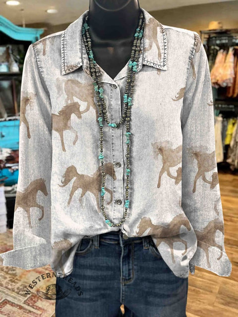 Women's Retro Horse Print Casual Cotton Shirt