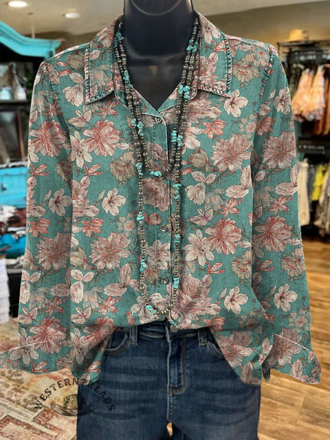Women's Retro Flowers Print Casual Cotton Shirt