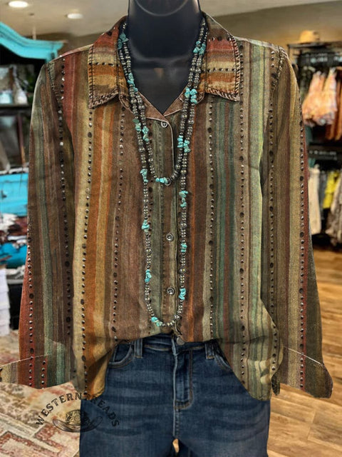 Women's Retro Stripe Print Casual Cotton Shirt