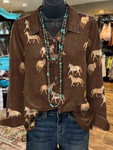 Women's Retro Horse Print Casual Cotton Shirt