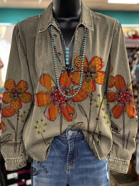 Women's Retro Flowers Print Casual Cotton Shirt