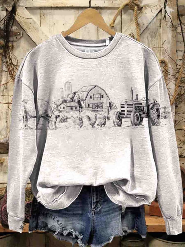 Vintage Fall Western Art Print Casual Cotton Sweatshirt