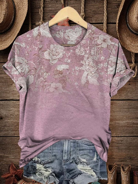 Retro Flower Art Print Casual T-shirt