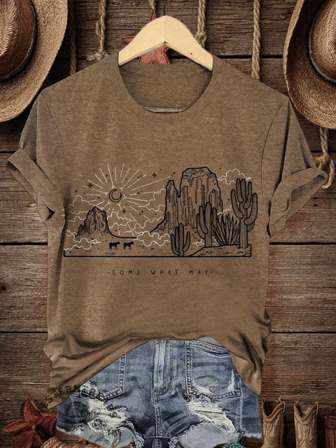 Retro Western Art Print Casual T-shirt