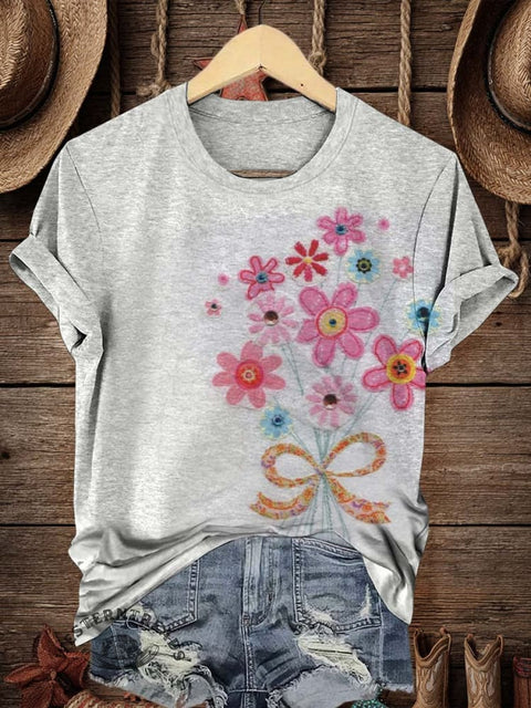 Retro Flower Art Print Casual T-shirt