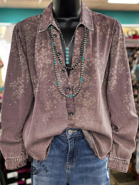 Women's Retro Flowers Print Casual Cotton Shirt