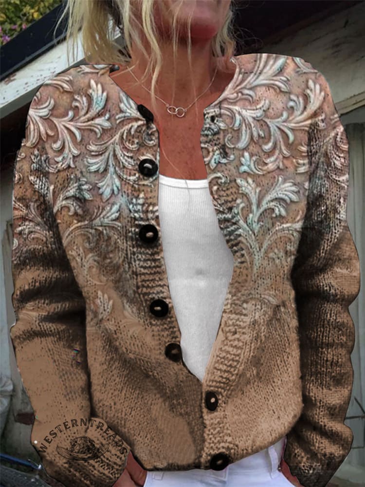 Vintage Print Buttoned Cardigan Sweater