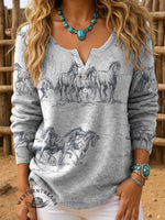 Women's Vintage Horse Print Henley Neck Sweater Top