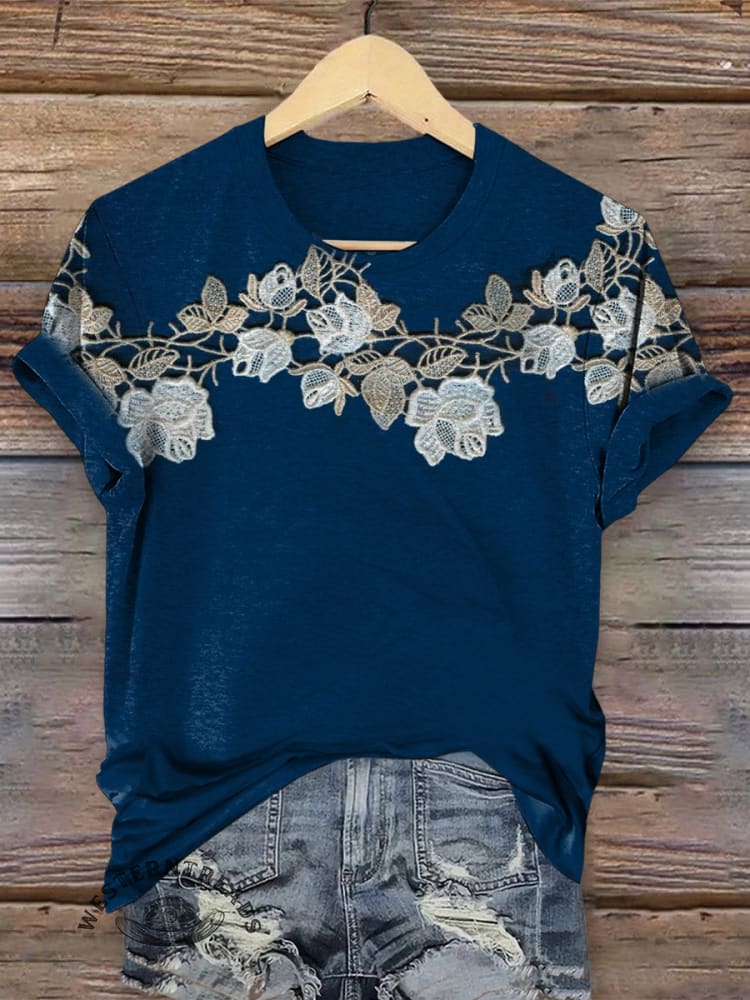 Retro Flower Art Print Casual T-shirt