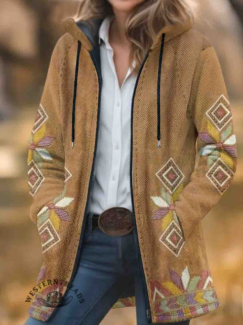 Aztec Print Unisex Plush Thick Long-Sleeved Cardigan Coat