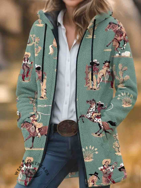 Horse Print Unisex Plush Thick Long-Sleeved Cardigan Coat
