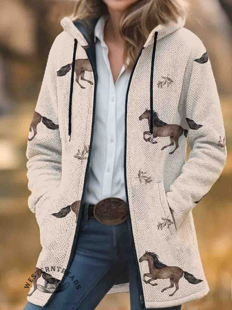 Horse Print Unisex Plush Thick Long-Sleeved Cardigan Coat