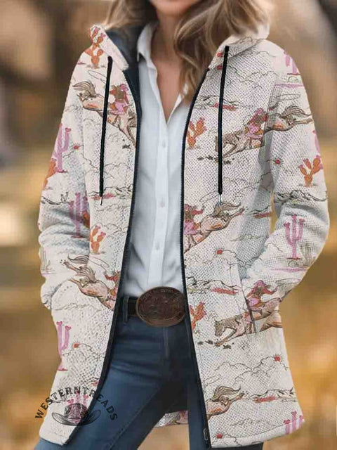 Horse Print Unisex Plush Thick Long-Sleeved Cardigan Coat