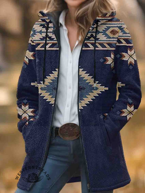 Aztec Print Unisex Plush Thick Long-Sleeved Cardigan Coat
